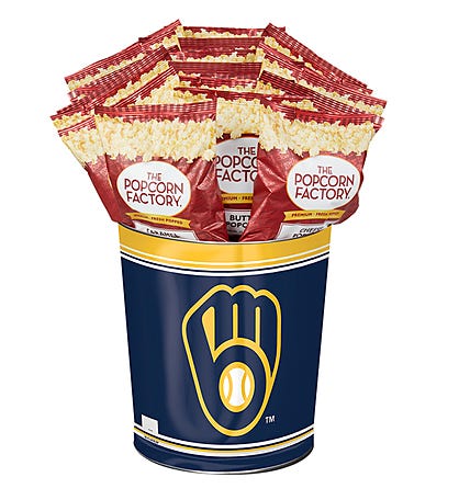 Milwaukee Brewers Popcorn Tin with 15 Bags of Popcorn